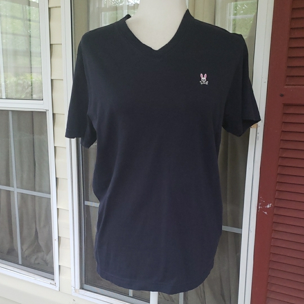 PSYCHO BUNNY Blue V-Neck Classic Men's 4 Logo‎ T-Shirt